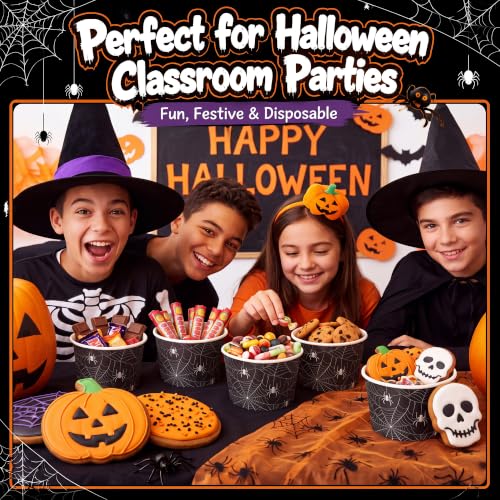 Halloween Spider Web Paper Bowls - 16oz Disposable Snack Cups, 60 Pack - Spooky Party Tableware