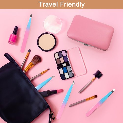 Fangze Eyebrow Tweezers Set for Women - 7 Pcs Professional Eyebrow Grooming Kit Stainless Steel Eyebrow Trim Kit with Curved Scissors for Ingrown Hair (Pink)