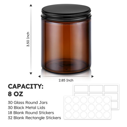 Tecohouse Amber Candle Jars, 30 Pcs 8oz Glass Jars with Lids for Making Candles with White Labels & Inner Liners, Empty Airtight Round Cosmetic Containers for Cream, Spice, Lotion, Ointments, Liquid