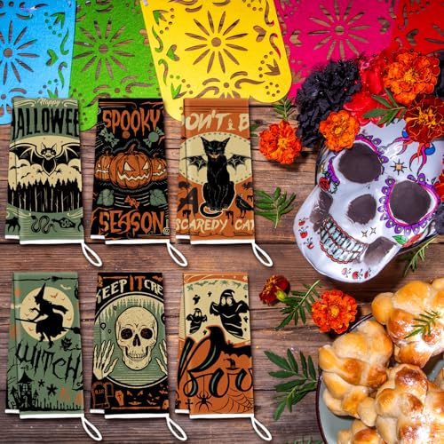 Halloween Kitchen Hand Towels Set - Pumpkin Cat Bat Boo Novelty, 6 Pcs, Novel