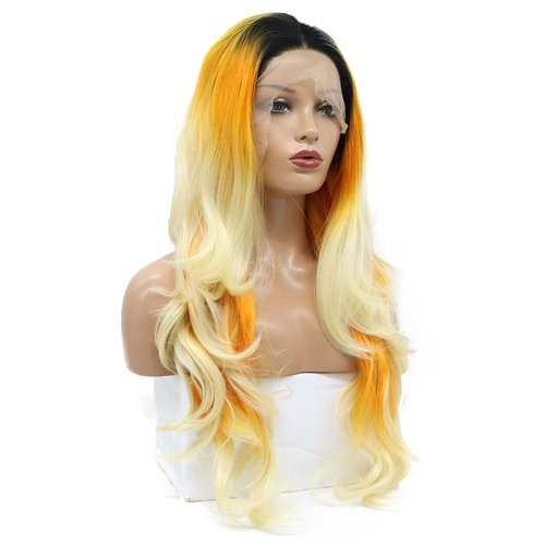 karissa Hair Orange Blonde Lace Front Wigs Black Women Long Orange Yellow Wavy Mermaid Ombre Rainbow Colorful Wigs Natural Hairliner Heat Friendly Party Holiday 24”, Ombre Orange Blonde