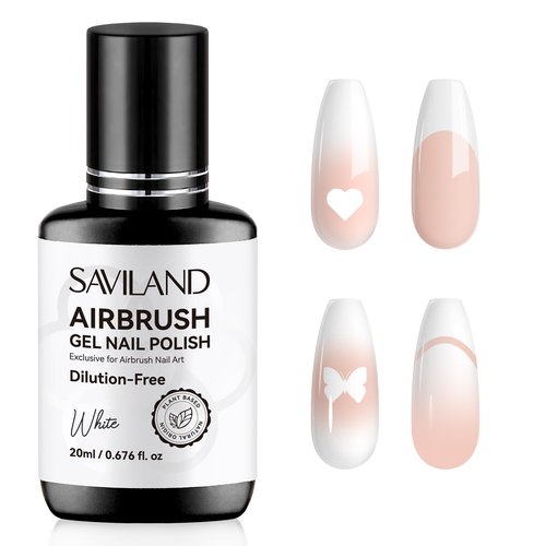 SAVILAND Airbrush Gel Nail Polish Dilution-free: Hema-Free 20 ml No Clogging White Airbrush Nail Polish Non-Acetone Nail Gel P olish for High Pigmented Colors Airbrush Polish for Ombre French Nail