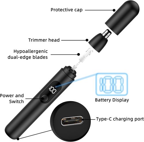 Smity Nose Hair Trimmer - Rechargeable Cordless Dual Edge Blades with LED Light | Painless Grooming Tool for Men & Women (Black)