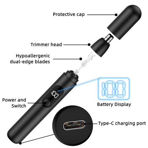 Smity Ear and Nose Hair Trimmer Professional Painless Eyebrow Trimmer for Men and Women Battery-Operated Dual-Edge Blades Built-in LED Light (Black)