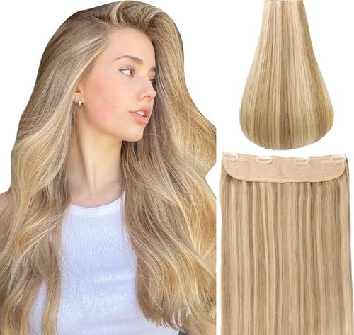 Halo Hair Extensions Real Human Hair -Light Blonde Golden Blond Real Human Hair, Halo Extensions Human Hair 12inch 70g