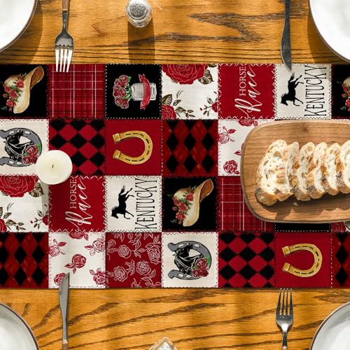 Plaid Horseshoe Roses Table Runner 13x72 Inch for Kitchen Dining Home Decor