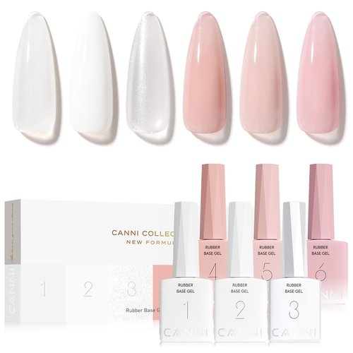 CANNI Rubber Base Gel Set - 6 Colors Milky White Clear Pink Nude Builder Nail Gel for Nail Strengthening, Soak Off UV LED for Natural Nails, DIY Manicure Salon Use Women & Girls