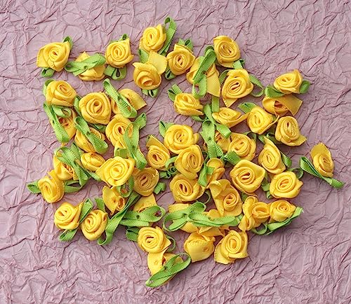 50 Pcs Satin Roses with Green Leaves for DIY Crafting Sewing - Yellow