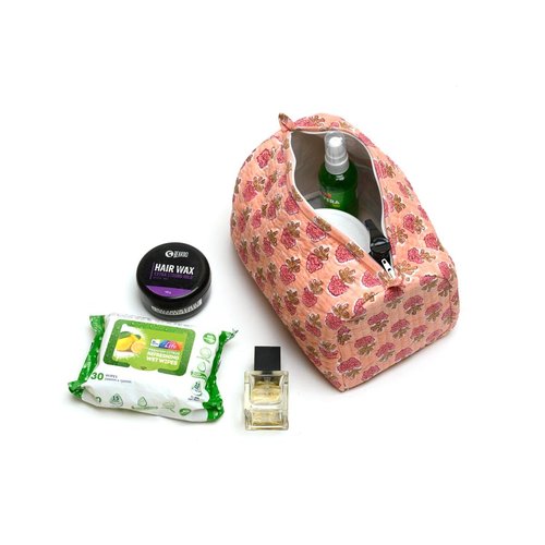 Cotton Hand Block Floral Print Toiletry Bag For Women Make Up Cosmetic Bag Jewelry Organizer Kit Storage Bag Case Travel Accessories Essentials Toiletries Purse Open Pouch, Orange (9.25"x 6.88"x 4.5")