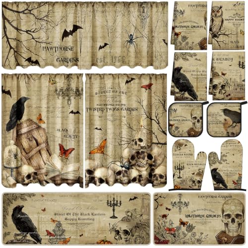 Halloween Skeleton Kitchen Decor Set with Towels Curtains & Rugs - Skull Variation