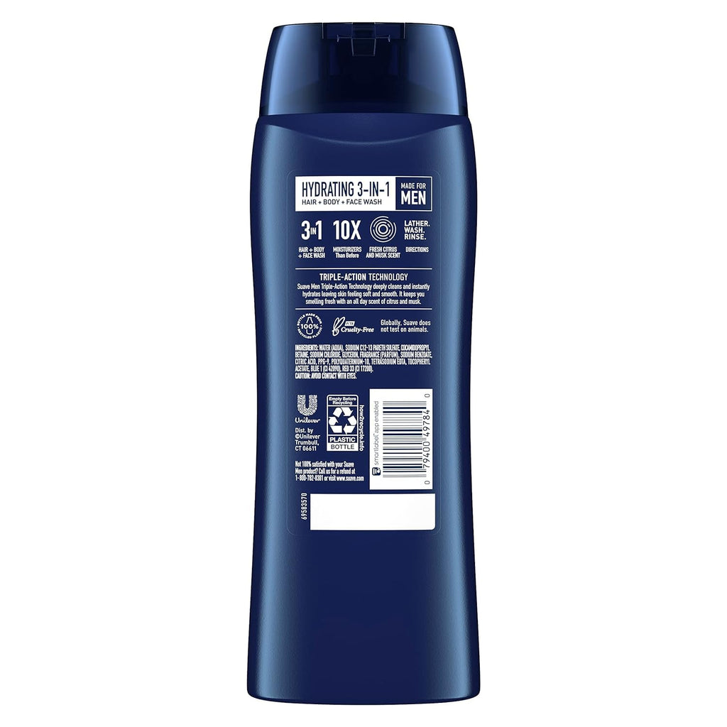 Suave 3-in-1 Moisturizing Body, Face & Hair Wash - Hydrating Citrus & Musk Scent, 18 Oz | Pack of 6