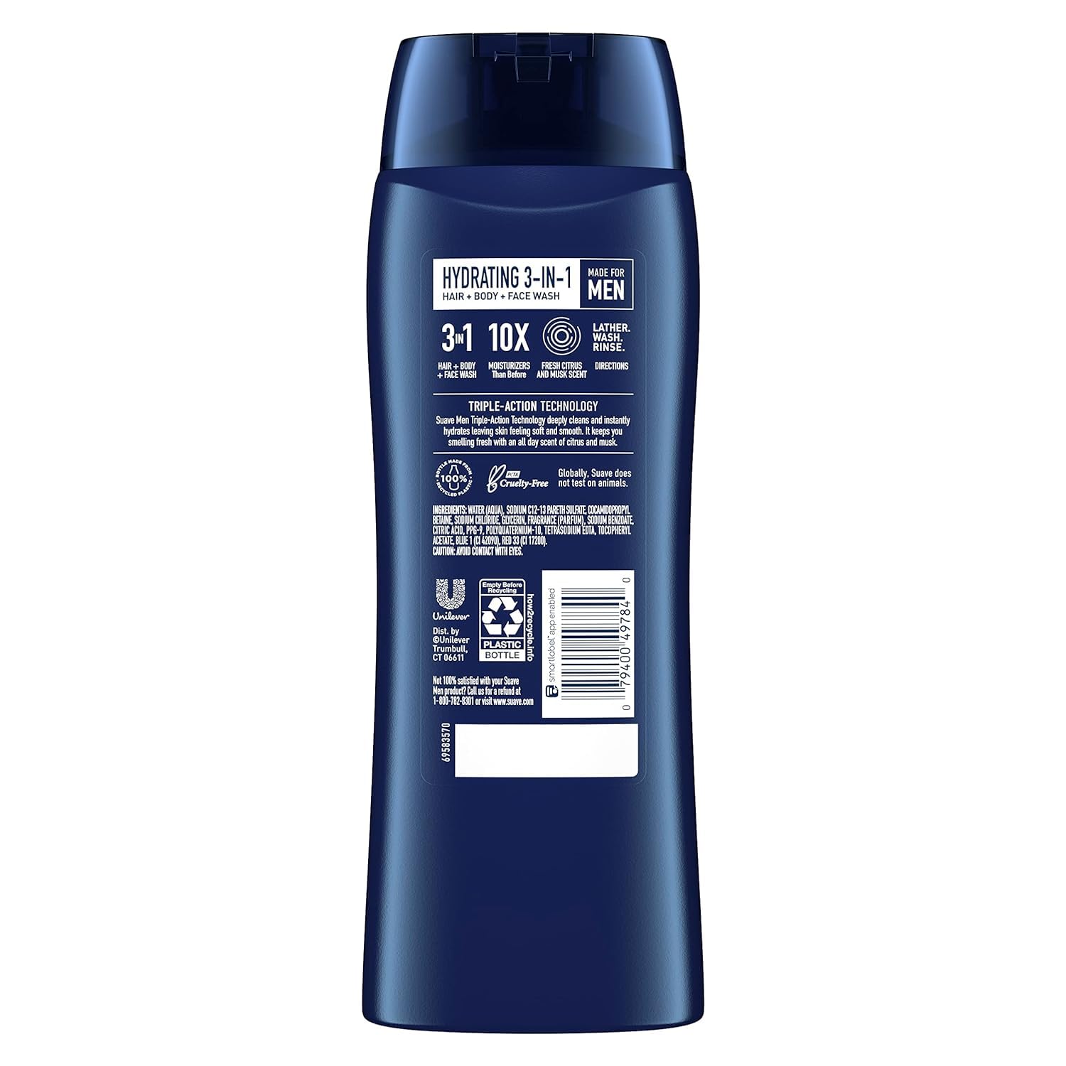Suave 3-in-1 Moisturizing Body, Face & Hair Wash - Hydrating Citrus & Musk Scent, 18 Oz | Pack of 6