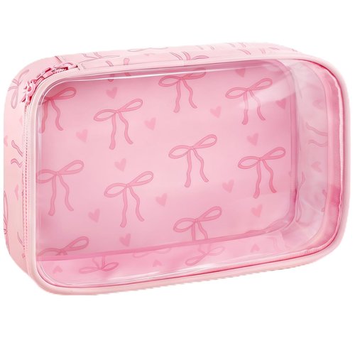 URSKYTOUS Clear Bow Makeup Bag for Women Preppy Pink Bow Cosmetic Bag with Zipper Cute Small Pencil Pouch Portable PVC Makeup Pouch for Purse Waterproof Toiletry Bags Cosmetics Storage Organizer