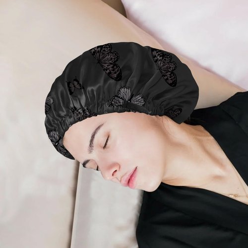 BHAHB Satin Hair Bonnet Silk Bonnet for Sleeping Double Layer Elastic Adjustable Caps Reusable Cute Aesthetic for Women Girls-Black Butterfly