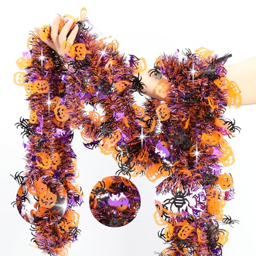 Halloween Tinsel Garland Decorations - Orange, Purple, Black with Pumpkins & Bats - 33 FT - Indoor Outdoor Festive Decor