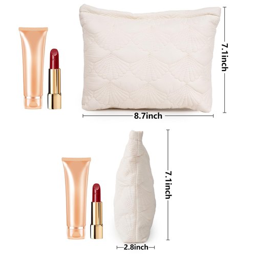 Sarrany White Quilted Makeup Bag, Cute Make Up Bag Organizer whith Shell Pattern, Cotton Cosmetic Bag for Women & Girls, Canvas Lined Pouch, Coquette Organizer purse(White Shell Medium)