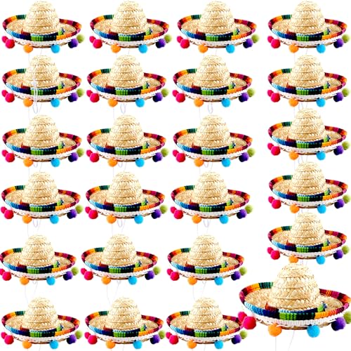 Mini Mexican Fiesta Hat Set - Straw Sombrero Headbands for Kids Adults Pets, 24 Pieces
