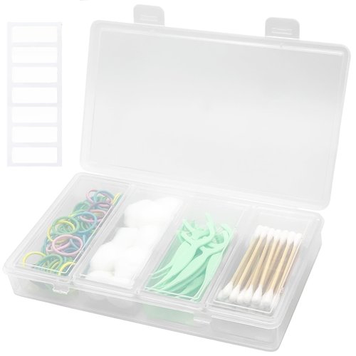 MatFirsmo Cotton Swab Holder for Travel, 4 in 1 Portable Small Dental Floss Holder, Travel Floss Picks Case with Dustproof Lid, Clear Plastic Small Travel Containers for Cotton Bud Hair Ties