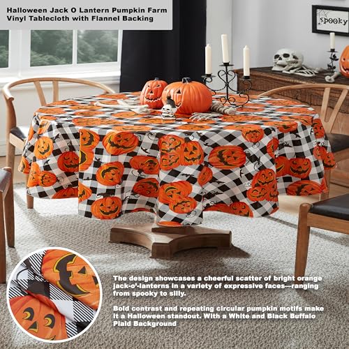 Halloween Jack O' Lantern Vinyl Tablecloth 60 x 84 Inch Oval with Flannel Backing