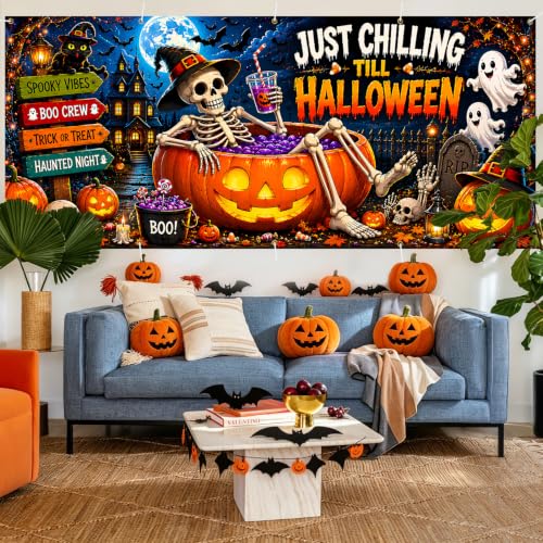Halloween Garage Door Banner 7x16ft - Just Chilling Till Halloween Outdoor Decor - Ghost & Skeleton Pumpkin Double Garage Cover - Variation 255