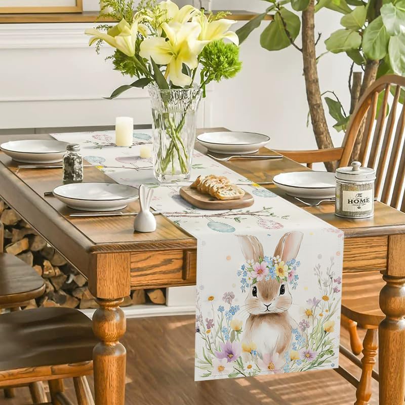 Easter Table Runner Floral Bunny and Hanging Eggs - Spring Farmhouse Decor, 13x72 Inches - Easter Floral Bunny Variation