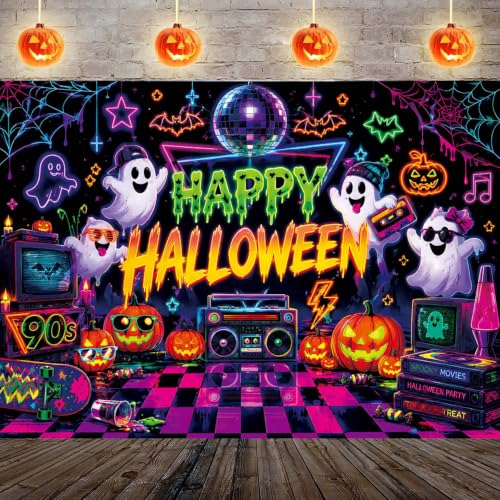 90s Retro Halloween Backdrop 6x4FT Neon Spooky Ghosts Pumpkins Party Decor