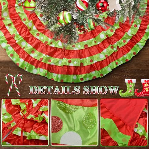Green and Red Christmas Tree Skirt 48 Inch Ruffle Polka Dots for 6-7.5 FT Trees - Holiday Decor