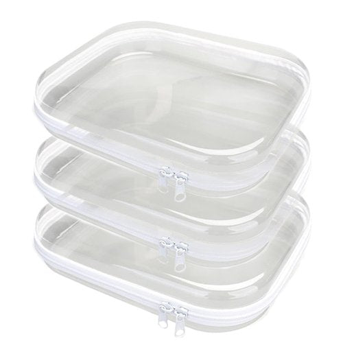 3PCS Clear Hard Plastic Zipper Case, Double Zippers Hard Pouch, Portable Travel Organizer Bin Clear Makeup Bag for Toy Storage, Snack Bag, Cosmetics, Pencil Case, Diaper Bag, Toiletry Bag (3PCS-M)