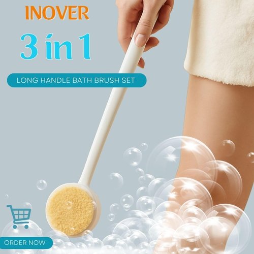 INOVER 3-in-1 Long Handle Bath Brush Set – Back Scrubber, Shower Brush & Loofah Sponge, Exfoliating Body Brush with Non-Slip Handle for Wet or Dry Use