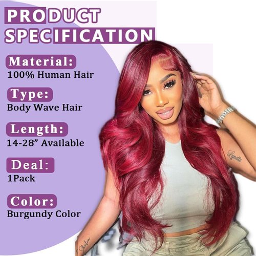 99J Burgundy Human Hair Bundles Body Wave 22 Inch 12A Wine Red Double Weft Brazilian Bundles Human Hair Extensions 1 Pack