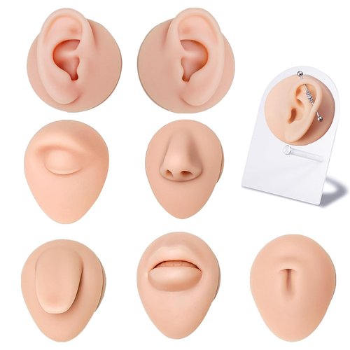 Piercing Kit Silicone Model Body Part Displays Set, 8pcs Soft Body Piercing Practice Model Kit with Display Holder,Soft Fake Tongue Mouth Nose Eye Navel Ear 5D Model Training Tool Kit for Piericng