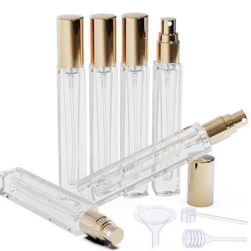 Jagolain Mini Glass Spray Bottles, 10ml, 6 Pack, Fine Mist Refillable, Portable Travel Perfume Atomizers (Golden)