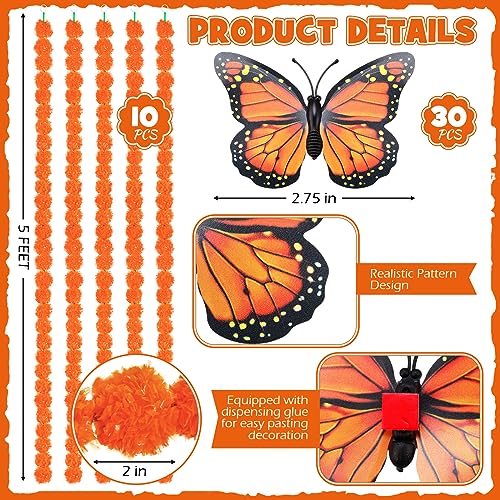 Artificial Marigold Garland Set with Butterflies - 5 ft Day of the Dead Decoration for Weddings & Parties