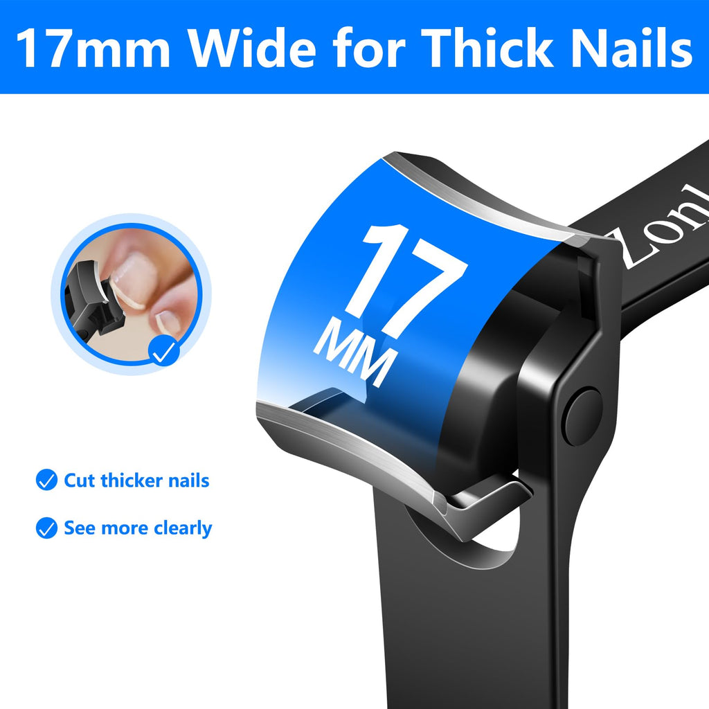 Zonku Toenail Clippers for Seniors Thick Nails,Ultra Wide Jaw Angled Head for Large Toe Nail Clippers for Men Women, Heavy Duty Stainless Steel with Long Handle Cutter,Nail File(Black)