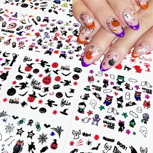 Halloween Nail Stickers 30 Sheets Ghost Pumpkin Skull Self-Adhesive 3D Decals - Spooky Nail Art