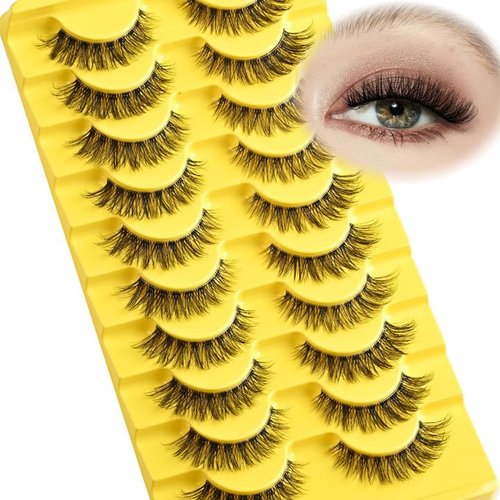 QUNETY Lashes Wispy False Eyelashes Natural Fake Lashes with Clear Band 10 Pairs Cat Eye Lashes Pack Reusable Lashes Natural Look Short Wispies Mink Eyelash Strips Cateye Lashes for Women