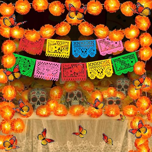 Artificial Marigold Garland Set with Lights for Day of the Dead & Festivals, 20Ft with Butterfly & Papel Picado