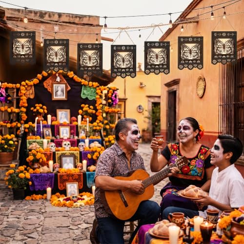 Dia De Los Muertos Paper Lantern Set - 20 Black Papel Picado Decor with Monarch Butterfly Motifs