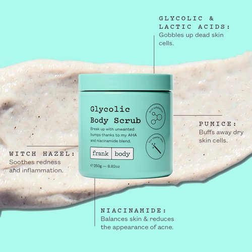 Frank Body Glycolic Acid Body Scrub - Fights KP, Breakouts & Tightens Pores | 8.82 oz | Soothes with Witch Hazel
