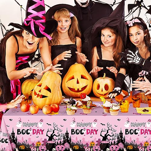 108-Inch 3-Pack Halloween Happy Boo Day Baby Shower Tablecloths - Pink Black Orange Ghost Pumpkin