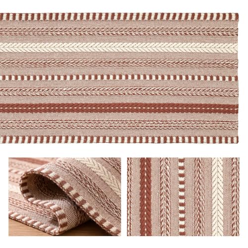 Caramel Farmhouse Stripe Braided Table Runner 12x120 Inch - Cotton & Polyester