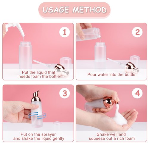 BOSMIOW 5PCS 50ml/1.7oz Clear Plastic Frosted Foam Bottles with Rose Gold Pump Head Empty Mini Soap Dispenser Refillable Mousse Bottles for Shampoo Shower Gel Hand Soap Foaming