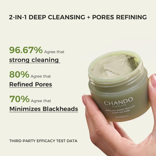 CHANDO HIMALAYA Purifying Green Tea Mask, Natural Facial Clay Mask Deep Pore Cleansing with Green Tea Extract and Portulaca Extract, for Clogged Pores, Detoxifies & Balance Oil, 3.52 fl.oz