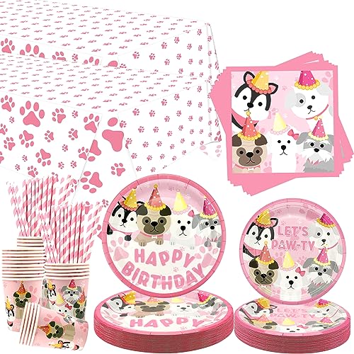 Dog Party Decorations Set for Puppy Birthday - Pink Paw & Puppy Theme Supplies, Serves 40
