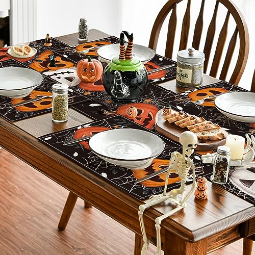 Halloween Pumpkin & Spider Web Placemat Set of 6 - 12x18 Inches, Rectangular, Black