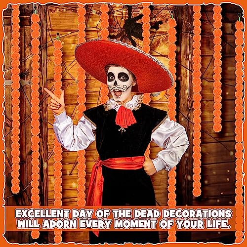 Orange Marigold Garland - 5 ft Day of The Dead Festival Decor for Halloween & Weddings