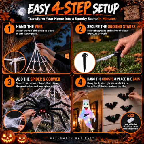 Outdoor Halloween Decorations Set with Web, Spider, Ghosts & Bats - Spooky Yard Decor Bundle