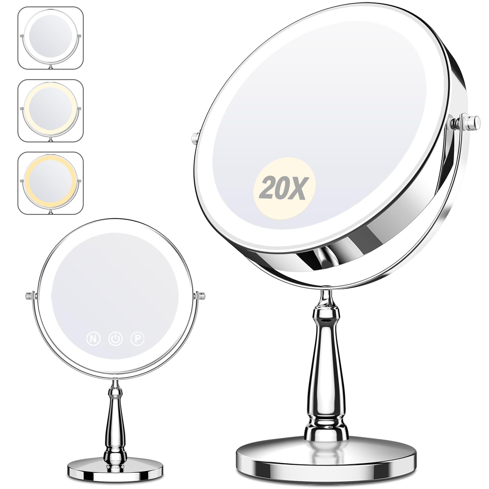 WOOCICA Vanity Mirror with Lights, 9'' Lighted Makeup Mirror, 1X/20X Double Sided Magnifying Mirror, 5000mAh Rechargeable, 3 Color Dimmable LED, 360° Rotation Desk Mirror for Makeup & Skincare