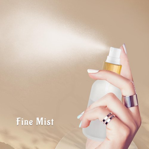 DMuuuDM 12 Pack 2 oz Glass Spray Bottles,Empty Perfume Fine Mist Atomizer,Natural Bamboo Pump Head Travel Liquid Holder Containers for Cologne,Essential Oils,Body Sprays,Room Sprays-Clear Frosted