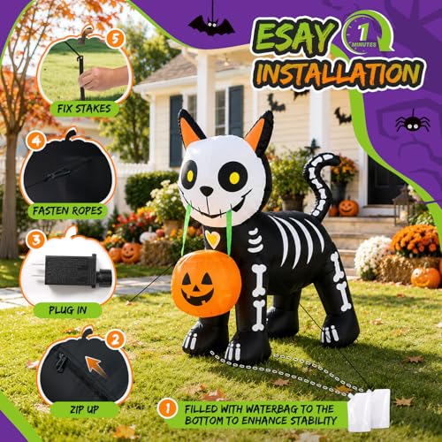 5FT Halloween Skeleton Black Cat Inflatable Outdoor Decoration - Glowing Jack-o'-lantern